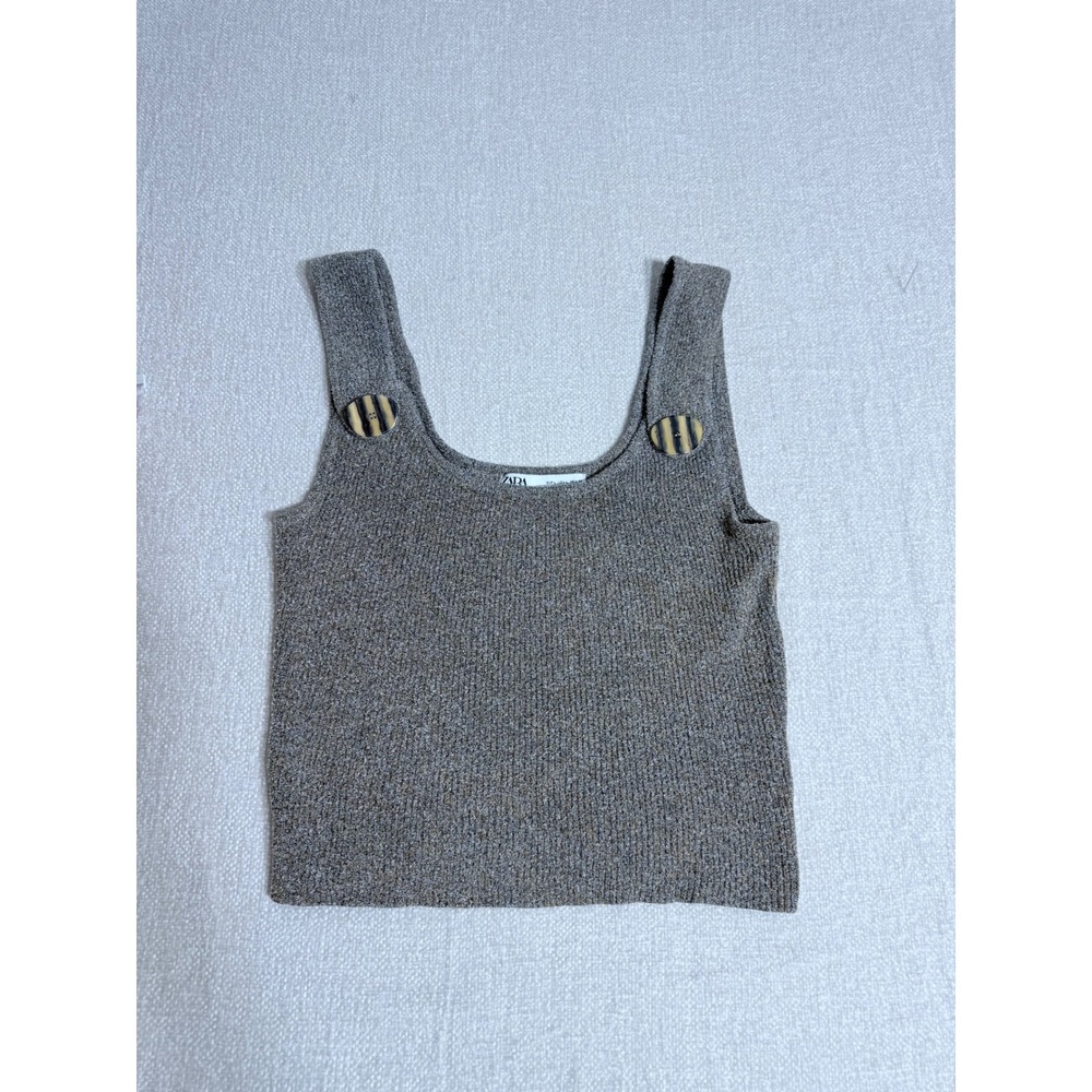 Zara Womens Ribbed Knit Tank Top‎ Brown Grey Marled Button Strap Crop Large
